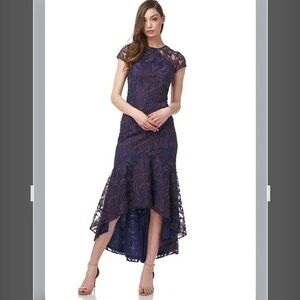 JS Collections Embroidered FAWN JEWEL NECK HIGH-LOW Flounce DRESS in Plum/Navy